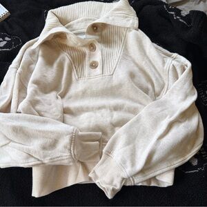 aerie Cream Button-Front Funnel Collar Sweater
